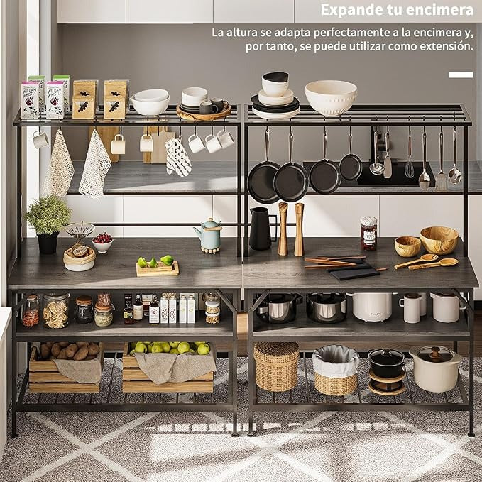 Mueble de Cocina 3 Niveles – Isla de Cocina con Tablero de Madera, 10 Ganchos, Agarradera y Fácil de Montar (120x60 cm)