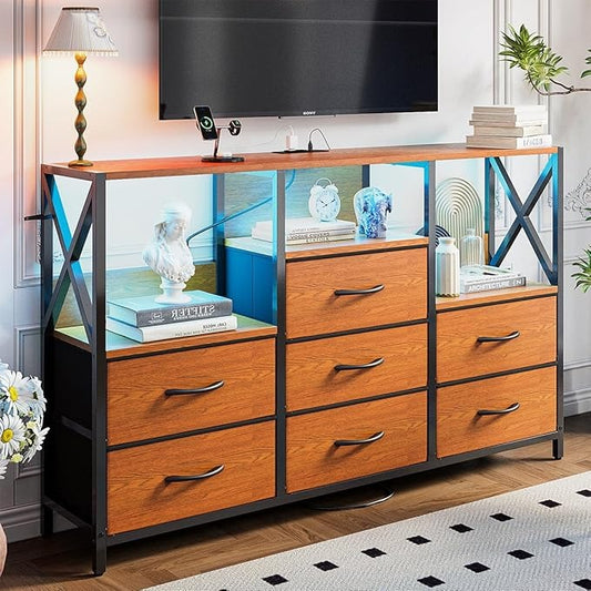 Cajonera Tocador con Luz LED y Enchufe | Mueble Organizador con 7 Cajones de Tela para Recámara Moderna