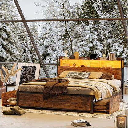 Base de Cama Matrimonial 1.4 m Simple Hogar – Con Almacenamiento, 2 Cajones, 2 Salidas de Carga, 2 Puertos USB y Luces LED