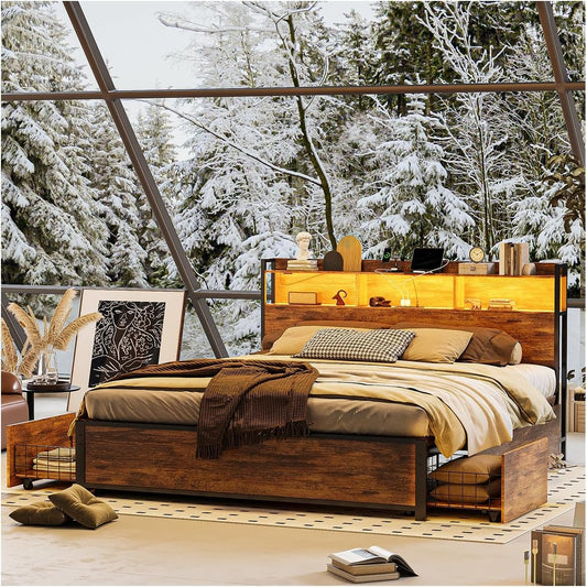 Base de Cama Matrimonial 1.4 m Simple Hogar – Con Almacenamiento, 2 Cajones, 2 Salidas de Carga, 2 Puertos USB y Luces LED