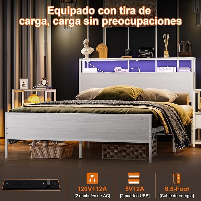 Cama Matrimonial con Cabecero de Almacenamiento, Base de 1.4 m con Luces LED, Contactos de Carga y Puertos USB – Blanco Moderno