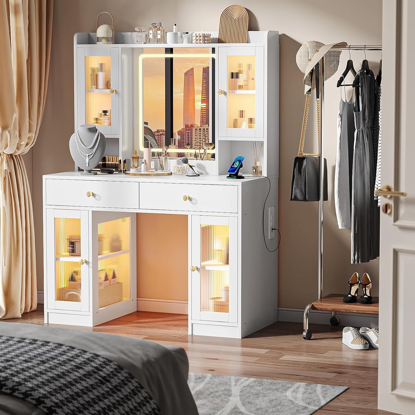 Simple Hogar Tocador de Maquillaje con Espejo LED, 3 Modos de Luz, 2 Cajones y 4 Armarios, Tocador Vanity para Recámara con Regleta