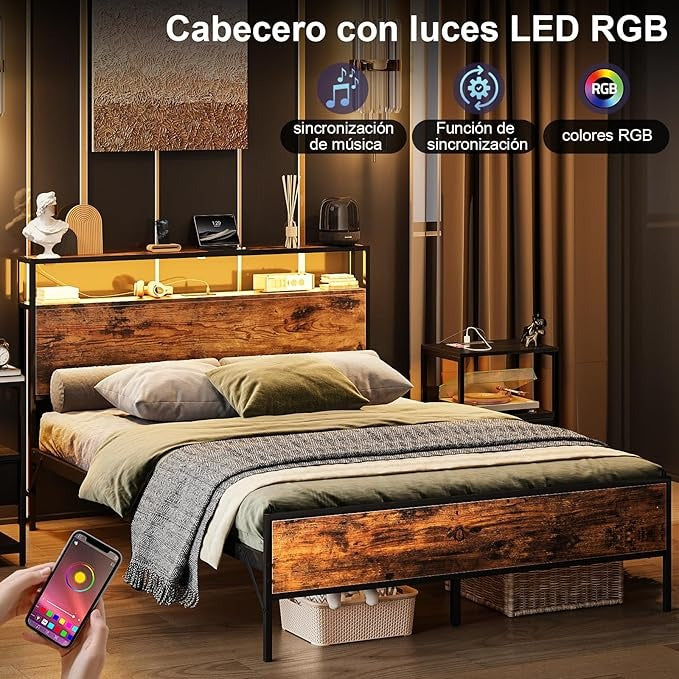 Cama Matrimonial con Cabecero de Almacenamiento, Base de 1.4 m con Luces LED, Contactos de Carga y Puertos USB – Blanco Moderno