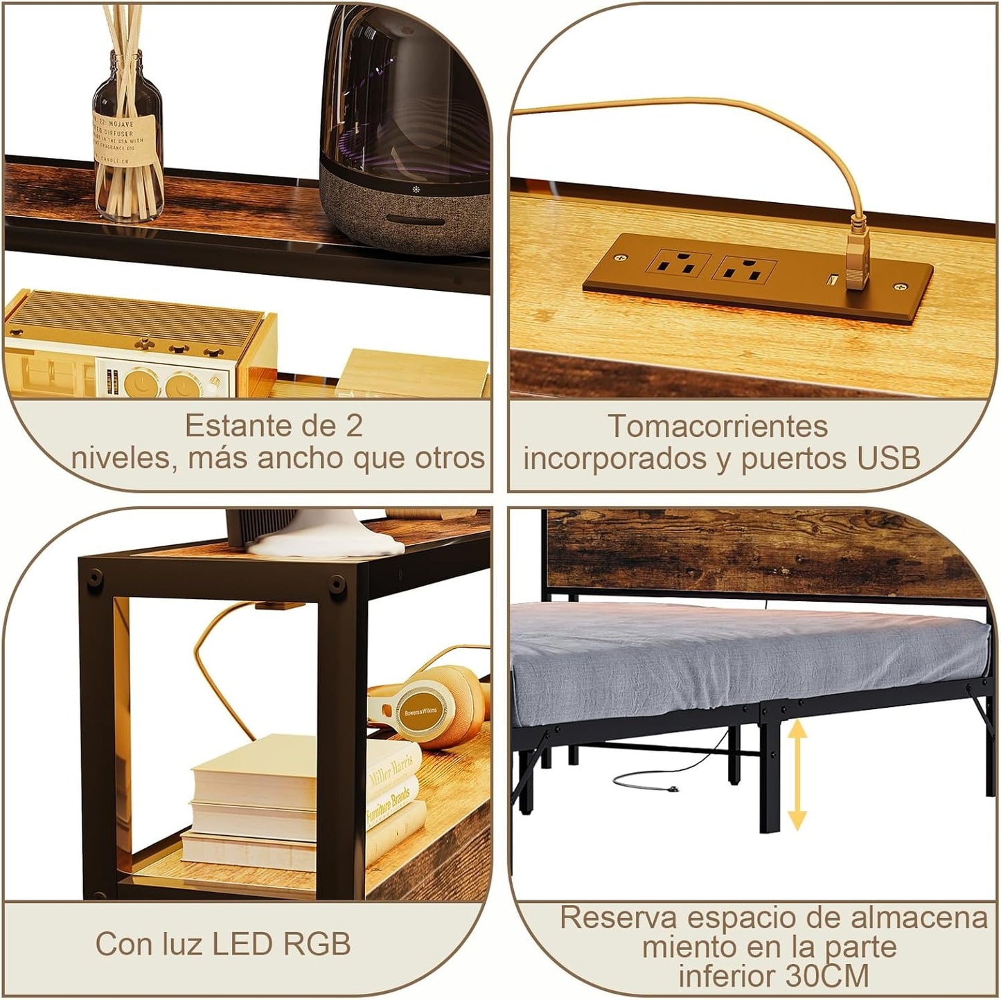 Cama Matrimonial con Cabecero de Almacenamiento, Base de 1.4 m con Luces LED, Contactos de Carga y Puertos USB – Blanco Moderno