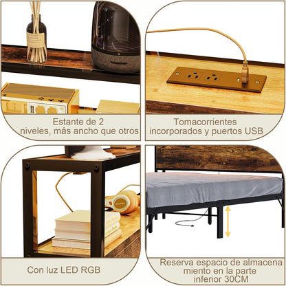 Cama Matrimonial con Cabecero de Almacenamiento, Base de 1.4 m con Luces LED, Contactos de Carga y Puertos USB – Blanco Moderno