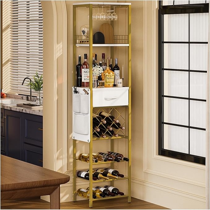 Estante de Vino de 1.7 m para Piso con Cajón y Bolsillos Laterales | Rack para Botellas y Barra de Vinos Moderna