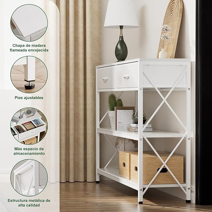 Credenza Moderna para Recibidor – 100CM, con 2 Cajones de Tela y Estantes Dobles, Ideal para Salón y Pasillo