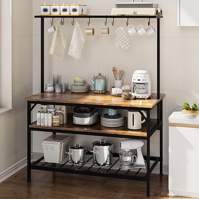 Mueble de Cocina 3 Niveles – Isla de Cocina con Tablero de Madera, 10 Ganchos, Agarradera y Fácil de Montar (120x60 cm)