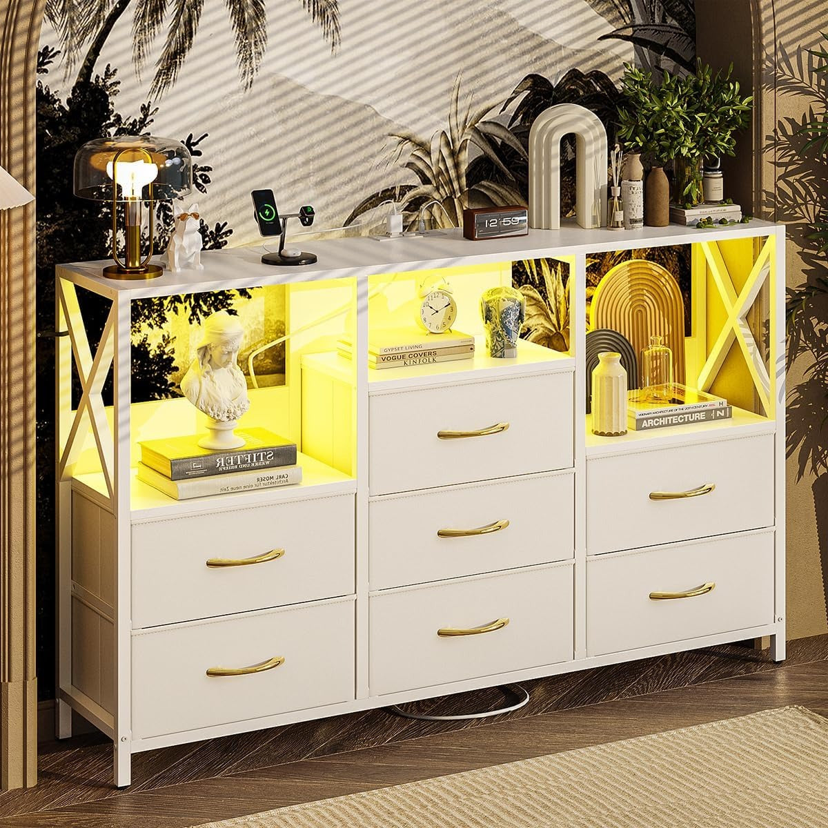 Cajonera Tocador con Luz LED y Enchufe | Mueble Organizador con 7 Cajones de Tela para Recámara Moderna