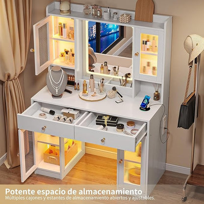 Simple Hogar Tocador de Maquillaje con Espejo LED, 3 Modos de Luz, 2 Cajones y 4 Armarios, Tocador Vanity para Recámara con Regleta