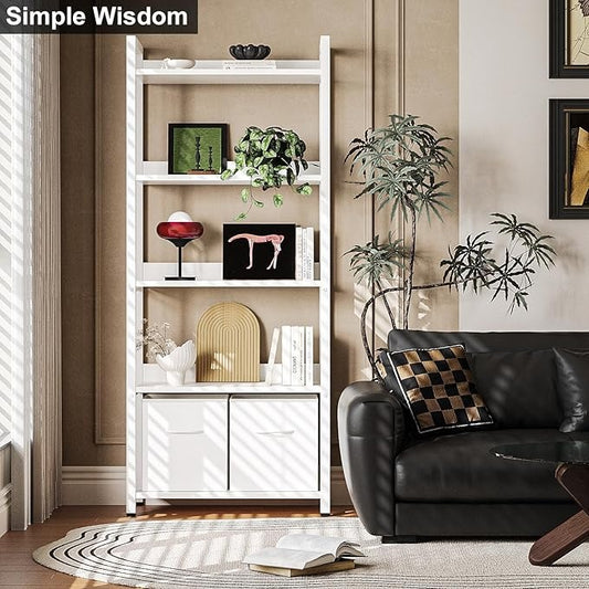 Librero Minimalista de 5 Niveles con Respaldo Semicerrado – Grande 155cm, con Cajón de Tela, Ideal para Dormitorio y Sala de Estar (Blanco)