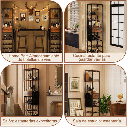 Estante de Vino de 1.7 m para Piso con Cajón y Bolsillos Laterales | Rack para Botellas y Barra de Vinos Moderna