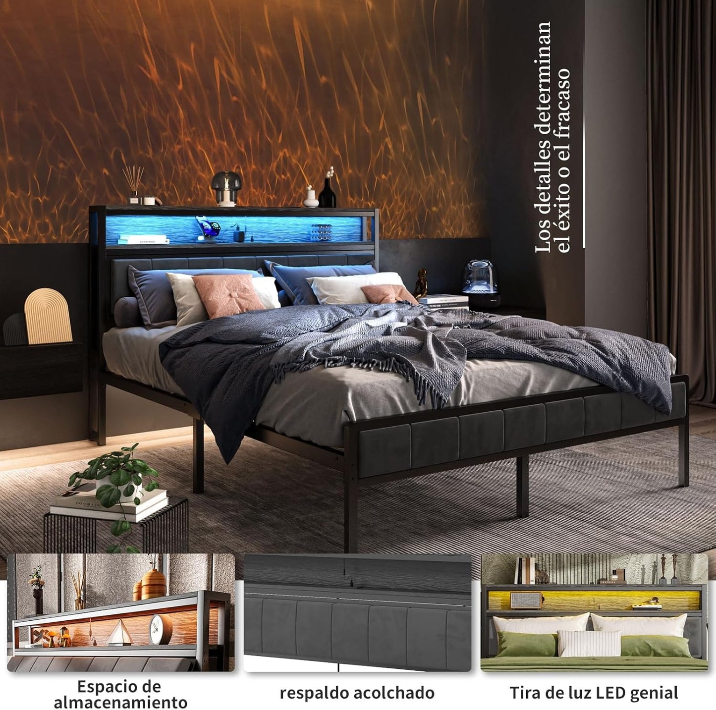 Cama Matrimonial Ajustable Okán – Cabecero con Almacenamiento, Cojines Grises, 2 Puertos USB y Luces LED