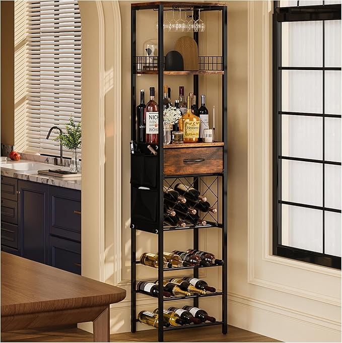 Estante de Vino de 1.7 m para Piso con Cajón y Bolsillos Laterales | Rack para Botellas y Barra de Vinos Moderna