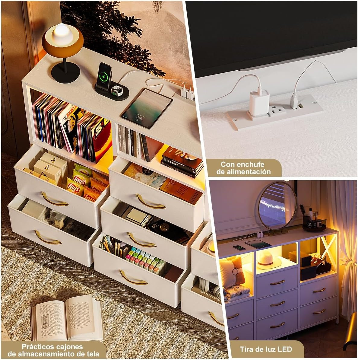 Cajonera Tocador con Luz LED y Enchufe | Mueble Organizador con 7 Cajones de Tela para Recámara Moderna