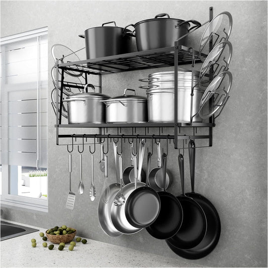 Organizador de Ollas y Sartenes de 30 Pulgadas para Colgar en Pared – Barra de Pared con 16 Ganchos y 2 Soportes para Tapa de Ollas