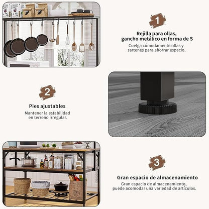 Mueble de Cocina 3 Niveles – Isla de Cocina con Tablero de Madera, 10 Ganchos, Agarradera y Fácil de Montar (120x60 cm)