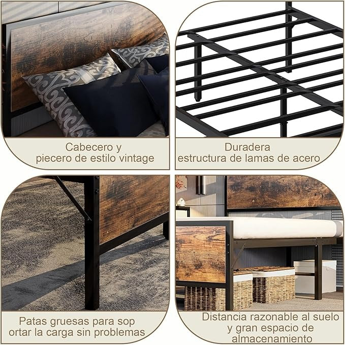 Base de Cama Matrimonial con Cabecera y Pie – Estructura Metálica Resistente con Lamas de Soporte | Diseño Simple y Moderno para Dormitorio