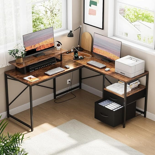 Escritorio en L Minimalista con Cajones, Regleta y Luz LED | Escritorio Gamer con Soporte para Monitor – Ideal para Oficina y Dormitorio