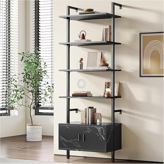 Estantería de Pared 6 Niveles con Gabinete – Librero Minimalista de Madera, Organizador Abierto para Oficina, Dormitorio y Sala