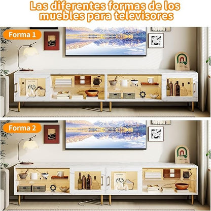 Mueble para TV Simple Wisdom 2M – Centro de Entretenimiento con Luz LED y Regleta, para Televisores de 65-85”, con 6 Espacios de Almacenamiento y Madera de Alta Gama