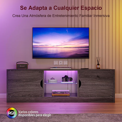 Mueble para TV, 120 CM TV Grande, con Vidrio Templado Luz LED Centro de Entretenimiento para TV, Mesa para TV de Madera de Alta Gama, Apto para Salón y Dormitorio