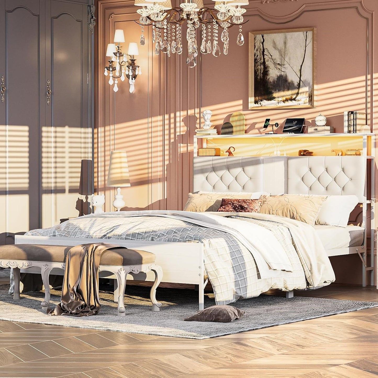 Base de Cama Matrimonial 1.4m con Cabecero Tapizado, Luces LED, 2 Salidas AC y 2 Puertos USB – Almacenamiento Incluido