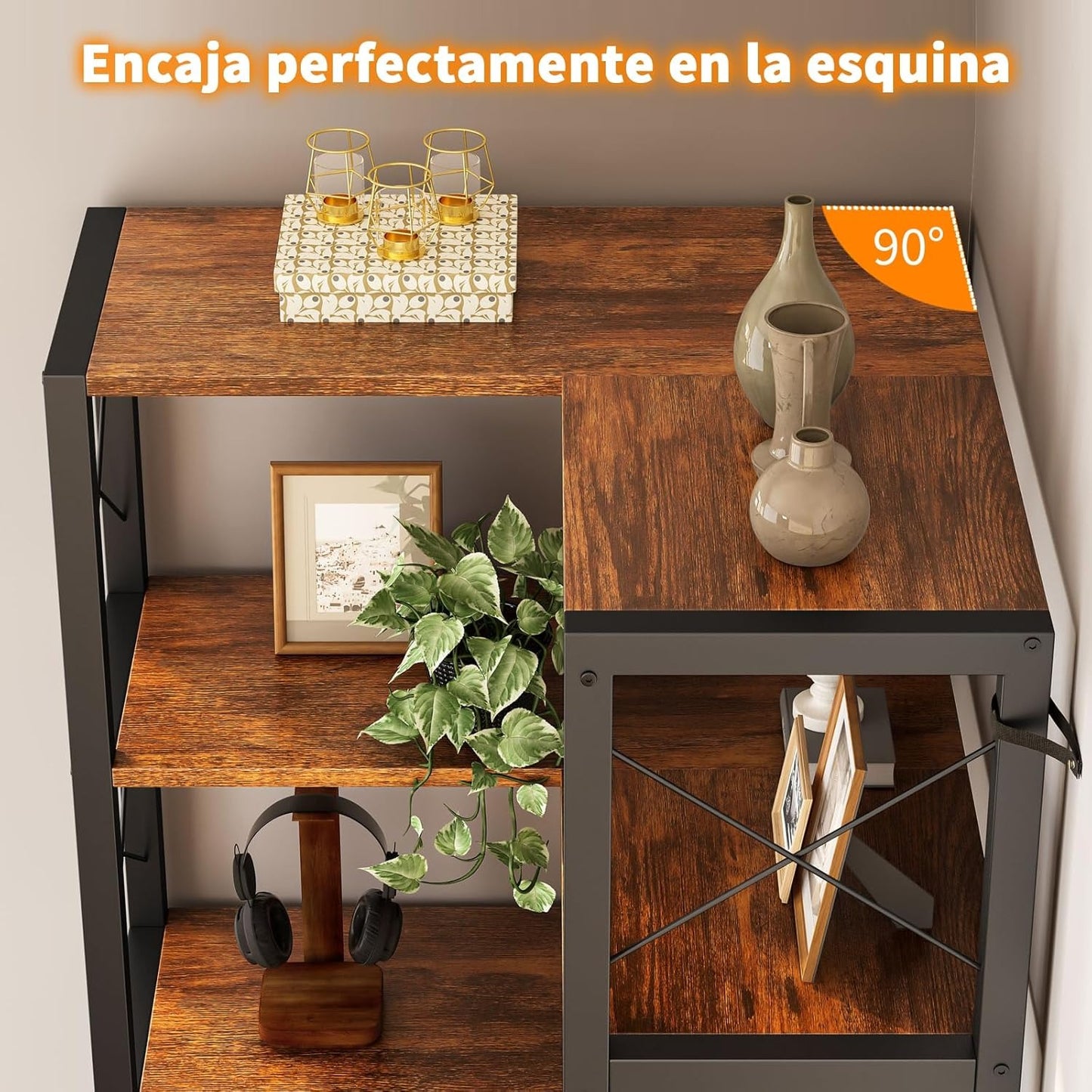 Librero Esquinero de 5 Niveles con Puerta | Mueble Organizador de Almacenaje 200cm | Estilo Minimalista para Hogar u Oficina