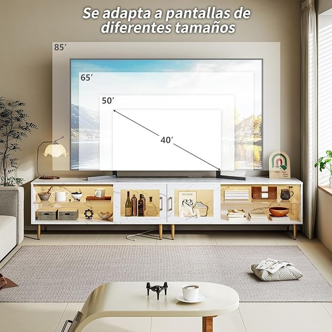 Mueble para TV Simple Wisdom 2M – Centro de Entretenimiento con Luz LED y Regleta, para Televisores de 65-85”, con 6 Espacios de Almacenamiento y Madera de Alta Gama