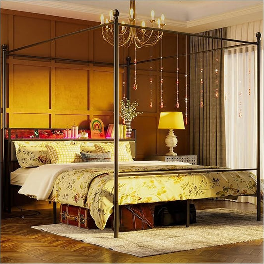 Cama Matrimonial con Mosquitera – Estructura 1.4M, Cabecero, Barra, 2 Puertos USB, Tomas de Carga y Luz LED