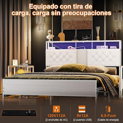 Base de Cama Matrimonial 1.4m con Cabecero Tapizado, Luces LED, 2 Salidas AC y 2 Puertos USB – Almacenamiento Incluido