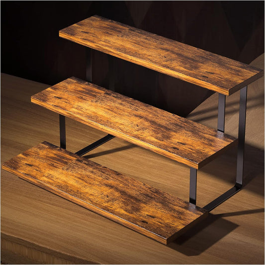 Soporte de Exhibición de 3 Niveles – Organizador de Estantes en Capas Sostenible, Soporte de Exhibición de Madera de Hierro, Multifuncional