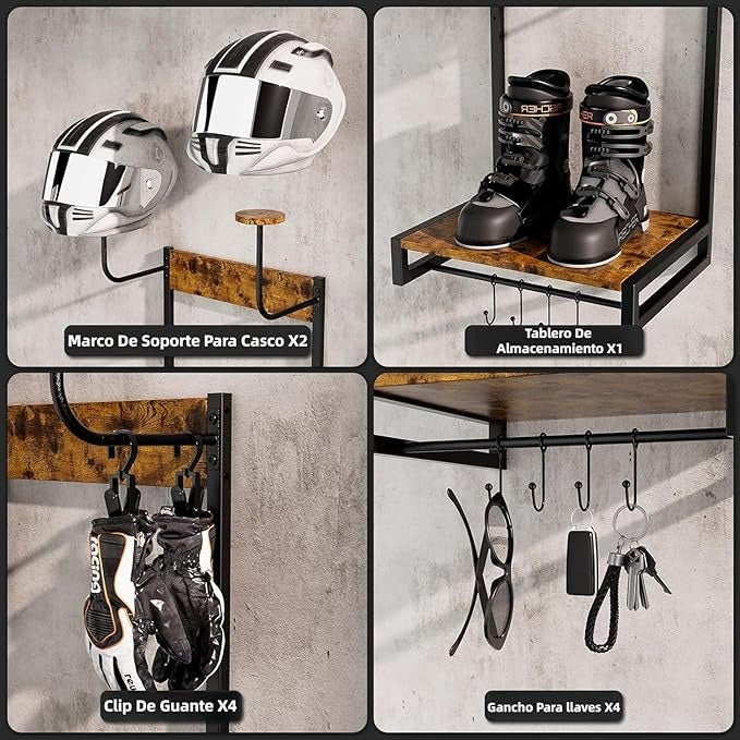 Soporte para Casco de Moto XL – Multifuncional 4 en 1, Montaje en Pared, Almacenamiento y Exhibición de Cascos y Accesorios