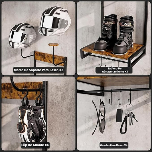 Soporte para Casco de Moto XL – Multifuncional 4 en 1, Montaje en Pared, Almacenamiento y Exhibición de Cascos y Accesorios