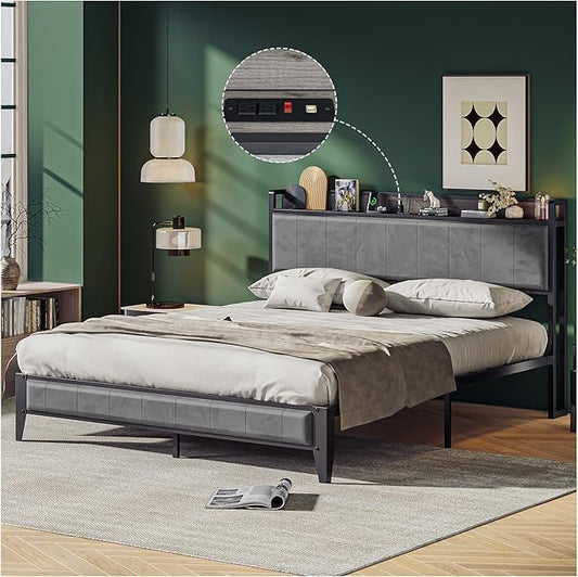 Base de Cama Matrimonial con Cabecera Acolchonada y Toma de Corriente | Cama 1.4 m con Almacenamiento, Tela Tipo Lino – Color Gris