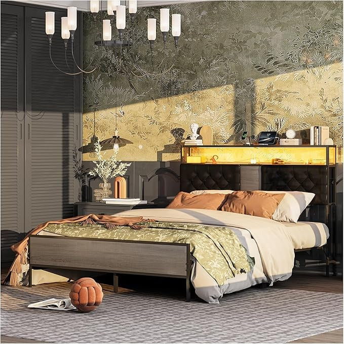 Base de Cama Matrimonial 1.4m con Cabecero Tapizado, Luces LED, 2 Salidas AC y 2 Puertos USB – Almacenamiento Incluido
