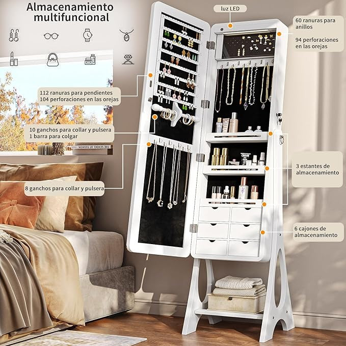 Espejo Joyero con Luces LED y Llave | Espejo Organizador de Pie y de Puerta con Almacenamiento para Joyería – 155×42×36 cm