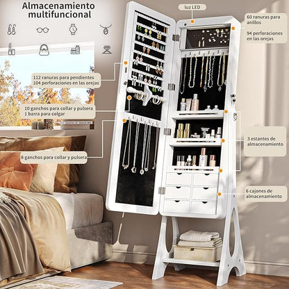 Espejo Joyero con Luces LED y Llave | Espejo Organizador de Pie y de Puerta con Almacenamiento para Joyería – 155×42×36 cm