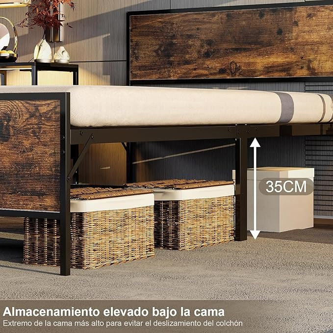 Base de Cama Matrimonial con Cabecera y Pie – Estructura Metálica Resistente con Lamas de Soporte | Diseño Simple y Moderno para Dormitorio