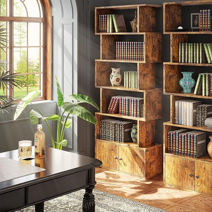 Librero Organizador en S Retro – 6 Pisos, con Puertas, para Sala, Estudio y Dormitorio (180x60x24 cm)