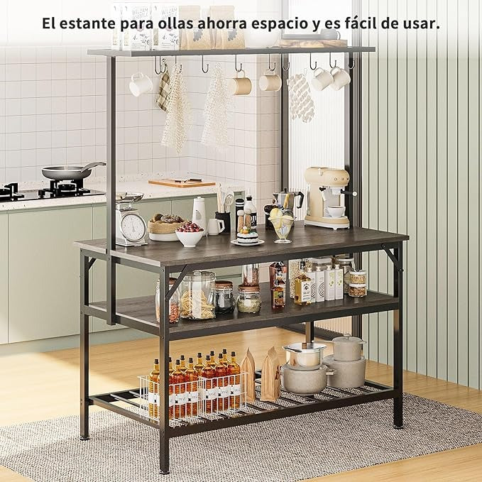 Mueble de Cocina 3 Niveles – Isla de Cocina con Tablero de Madera, 10 Ganchos, Agarradera y Fácil de Montar (120x60 cm)