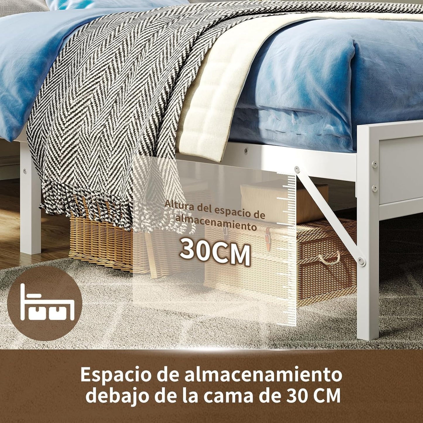 Base de Cama Matrimonial con Luz LED y Carga USB | Cabecera con Almacenaje, Metal y Madera 140x190 cm