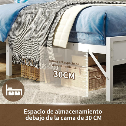 Base de Cama Matrimonial con Luz LED y Carga USB | Cabecera con Almacenaje, Metal y Madera 140x190 cm
