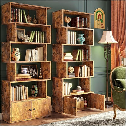 Librero Organizador en S Retro – 6 Pisos, con Puertas, para Sala, Estudio y Dormitorio (180x60x24 cm)