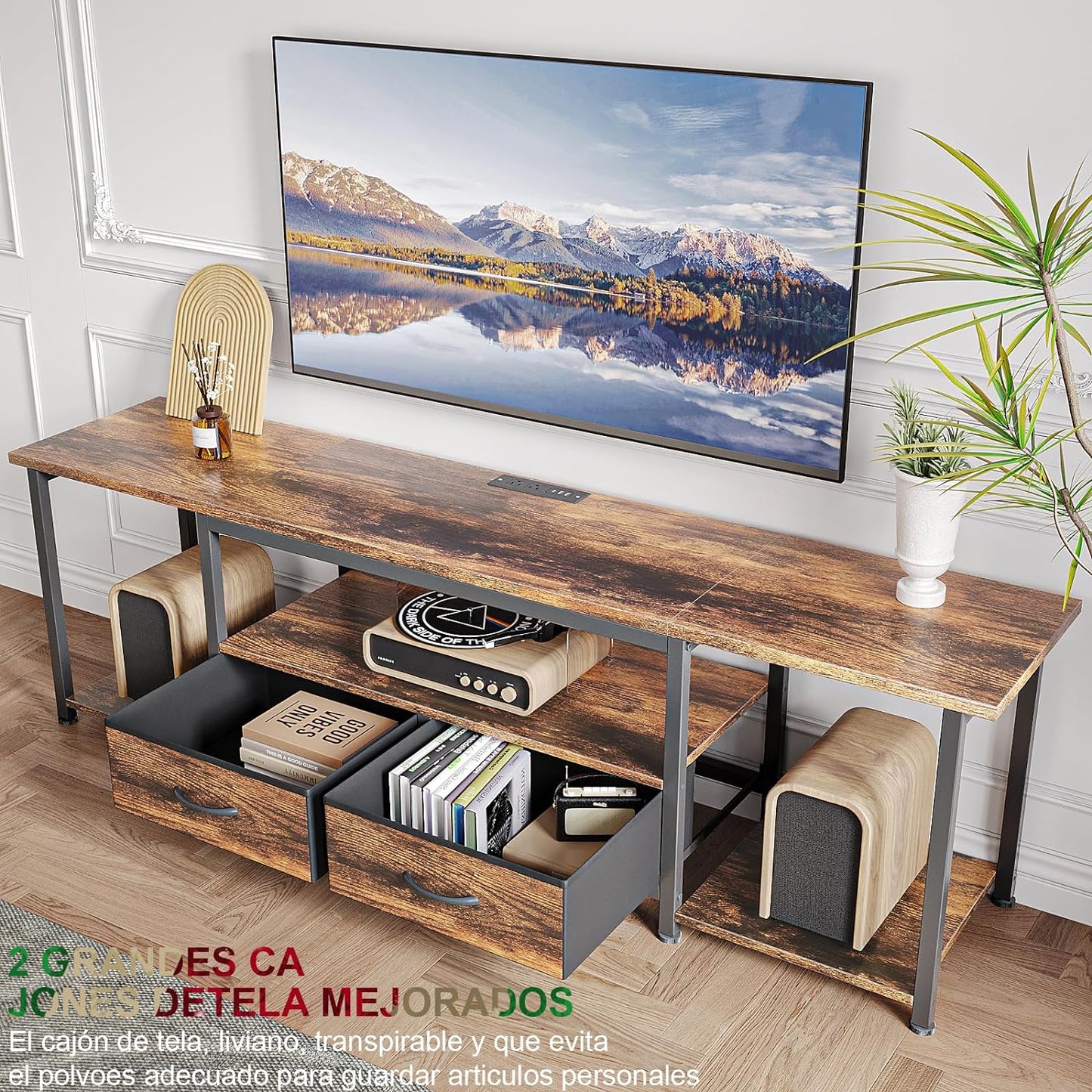 Mueble para TV,Mueble TV con Regleta,Mesa para TV para Televisor de 75 a 85 Pulgadas,con 2 Cajones de Tela,168 CM Centro de Entretenimiento para TV,El Tamaño es 168×40×45 CM. (Brown)