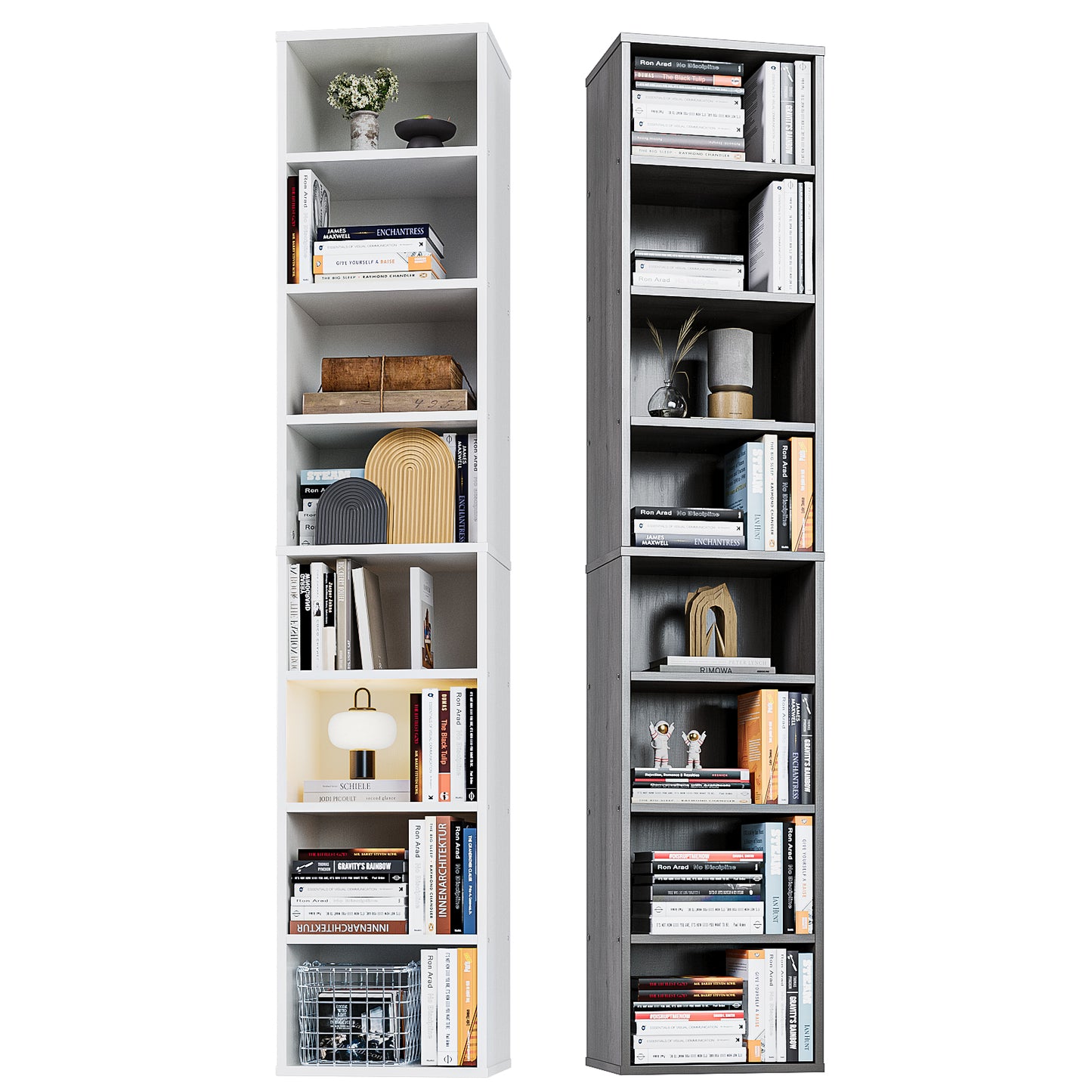 Biblioteca Alta 8 Niveles 180cm – Estantería Minimalista de Madera con Soporte de Pared, Ideal para Sala, Cocina y Baño