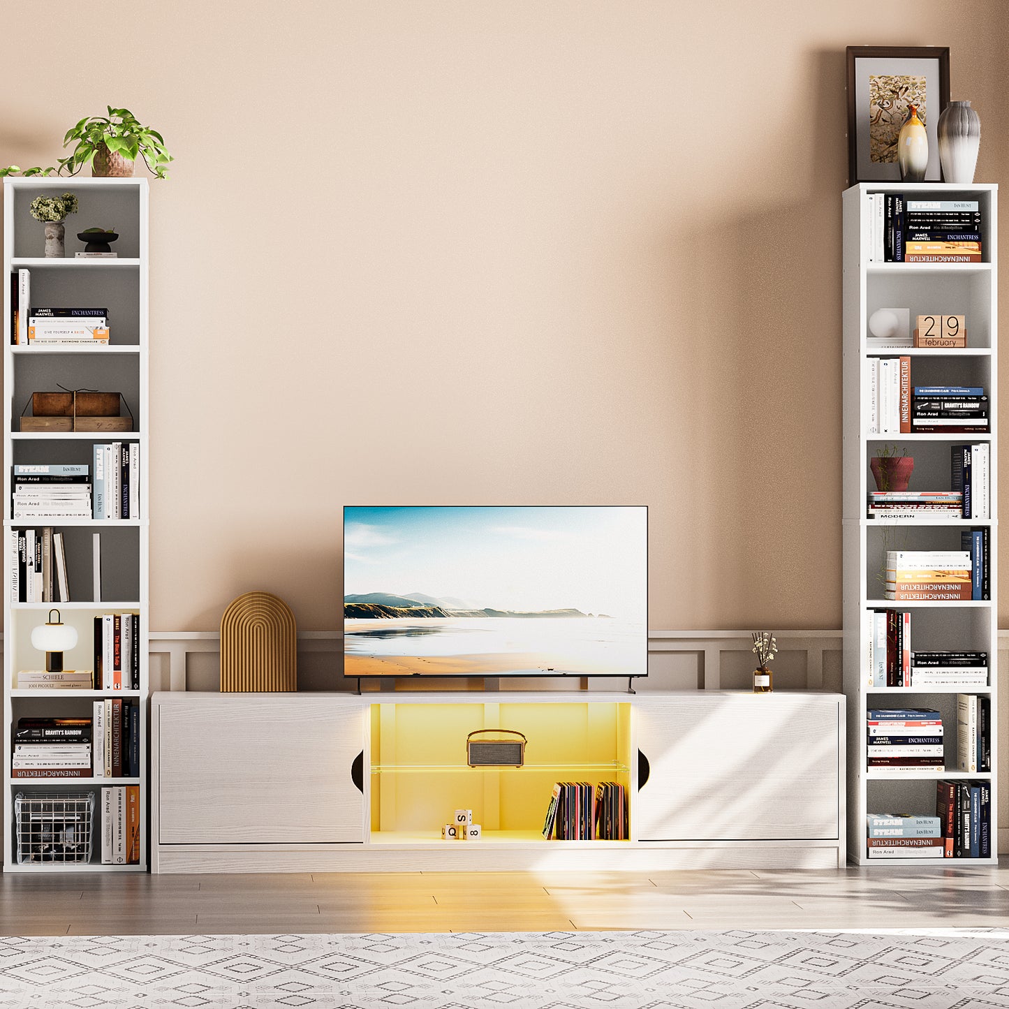 Biblioteca Alta 8 Niveles 180cm – Estantería Minimalista de Madera con Soporte de Pared, Ideal para Sala, Cocina y Baño